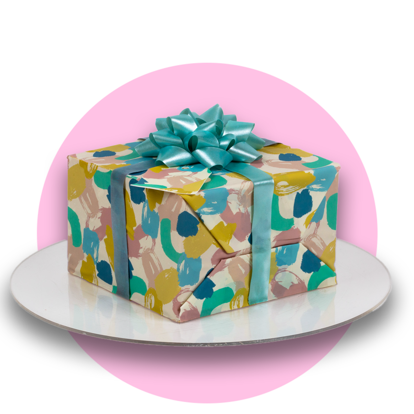 A hyper-realistic gift box present cake with an edible gift bow