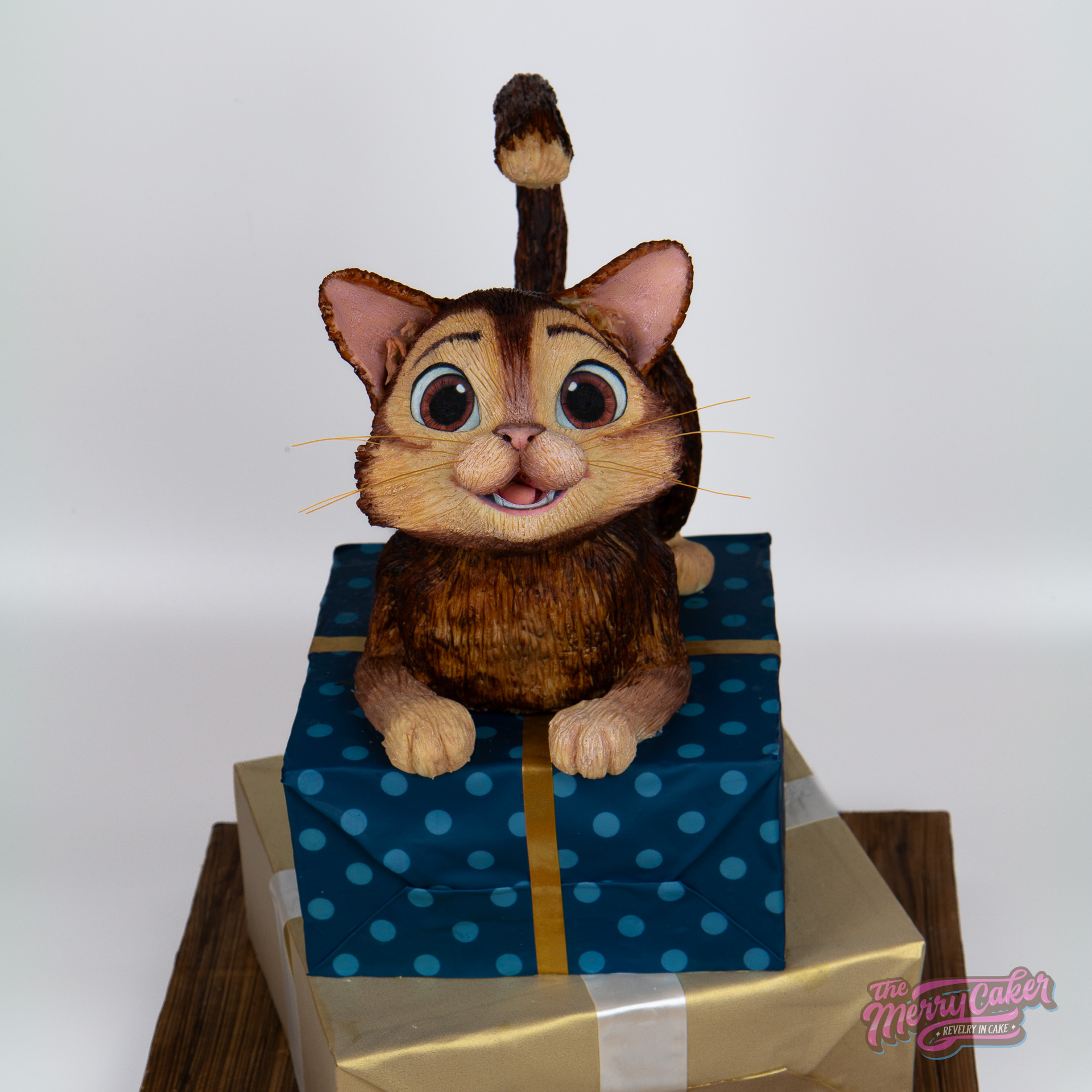 A three tier cake consisting of two realistic stacked present cakes and a 3d sculpted cat cake sitting on top of the presents